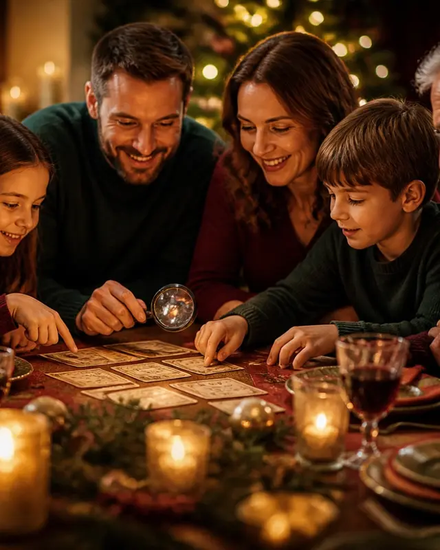 Drei Generationen beugen sich am festlich gedeckten Tisch lachend über Spielkarten und eine Lupe.