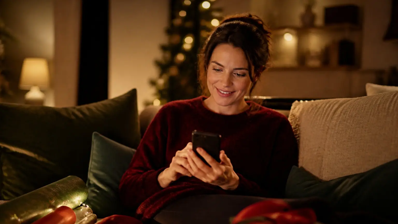Eine Frau sitzt auf dem Sofa und lächelt auf ihr Handy, neben ihr ein Geschenk mit roter Schleife.