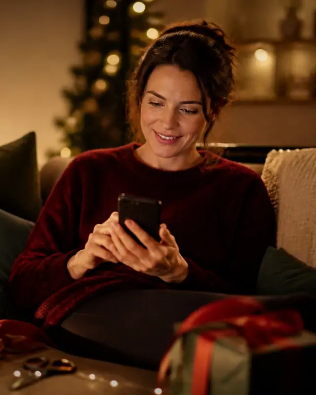 Eine Frau sitzt auf dem Sofa und lächelt auf ihr Handy, neben ihr ein Geschenk mit roter Schleife.