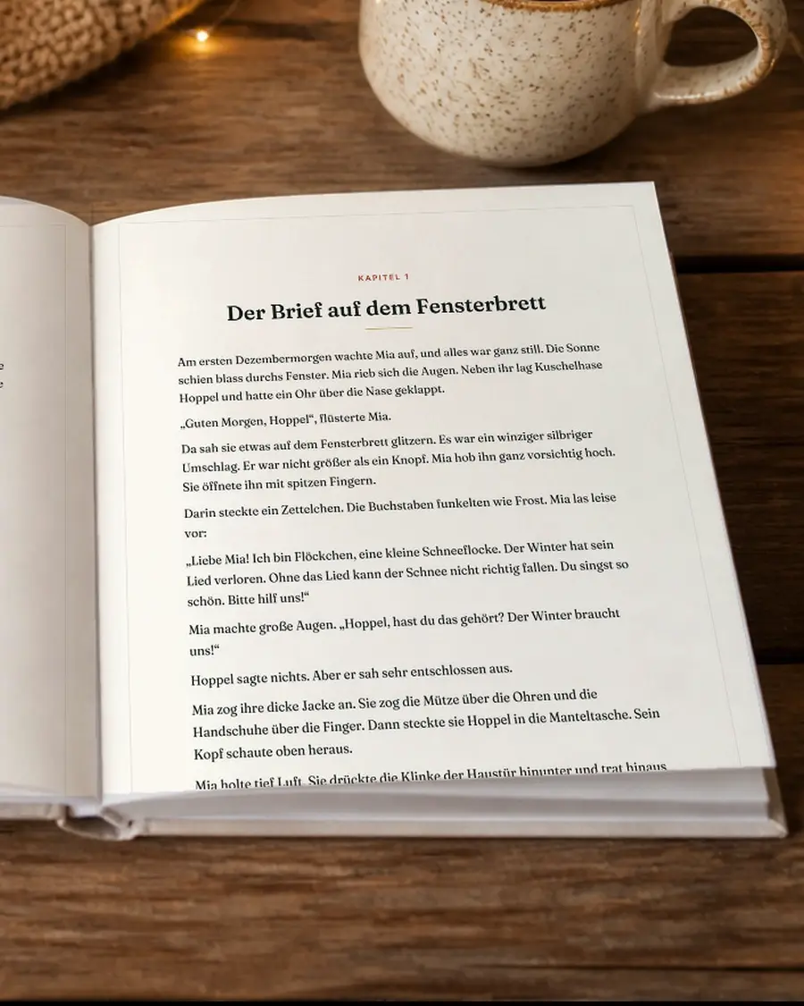 Vorlese-Adventskalender – dein Kind als Held: echte Seite dieses Geschenks in einem aufgeschlagenen Buch