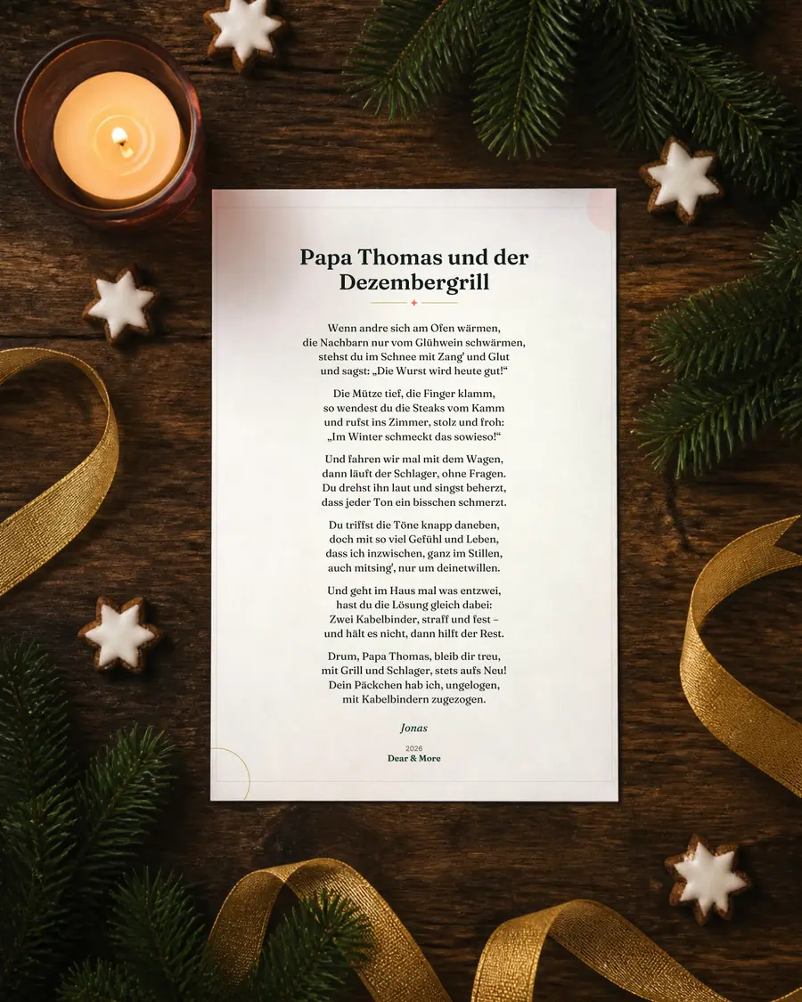 Persönliches Weihnachtsgedicht: echte Seite dieses Geschenks auf einem Blatt Papier auf dem Holztisch